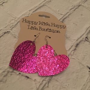 hot pink heart faux leather earrings